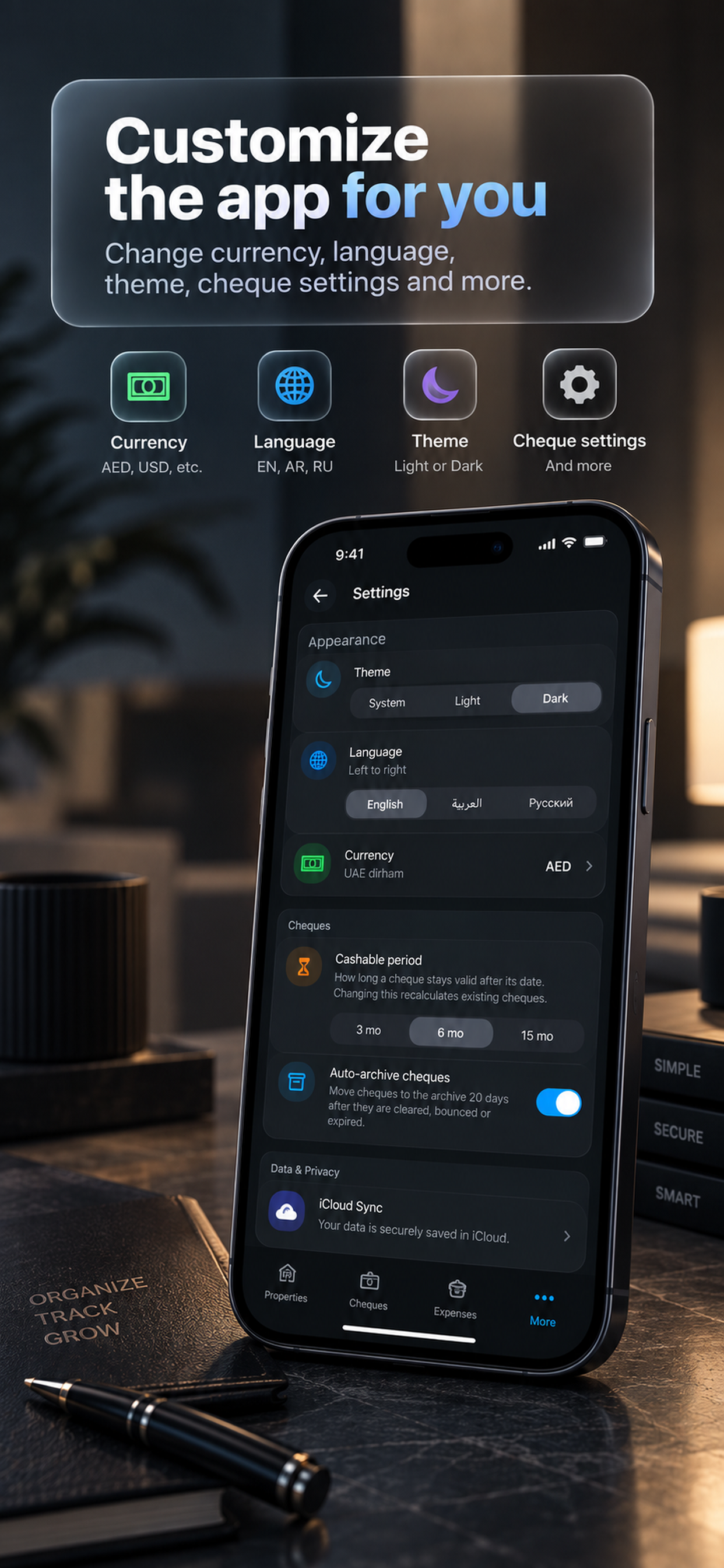 Cheque Guard App Store screenshot showing customization options.