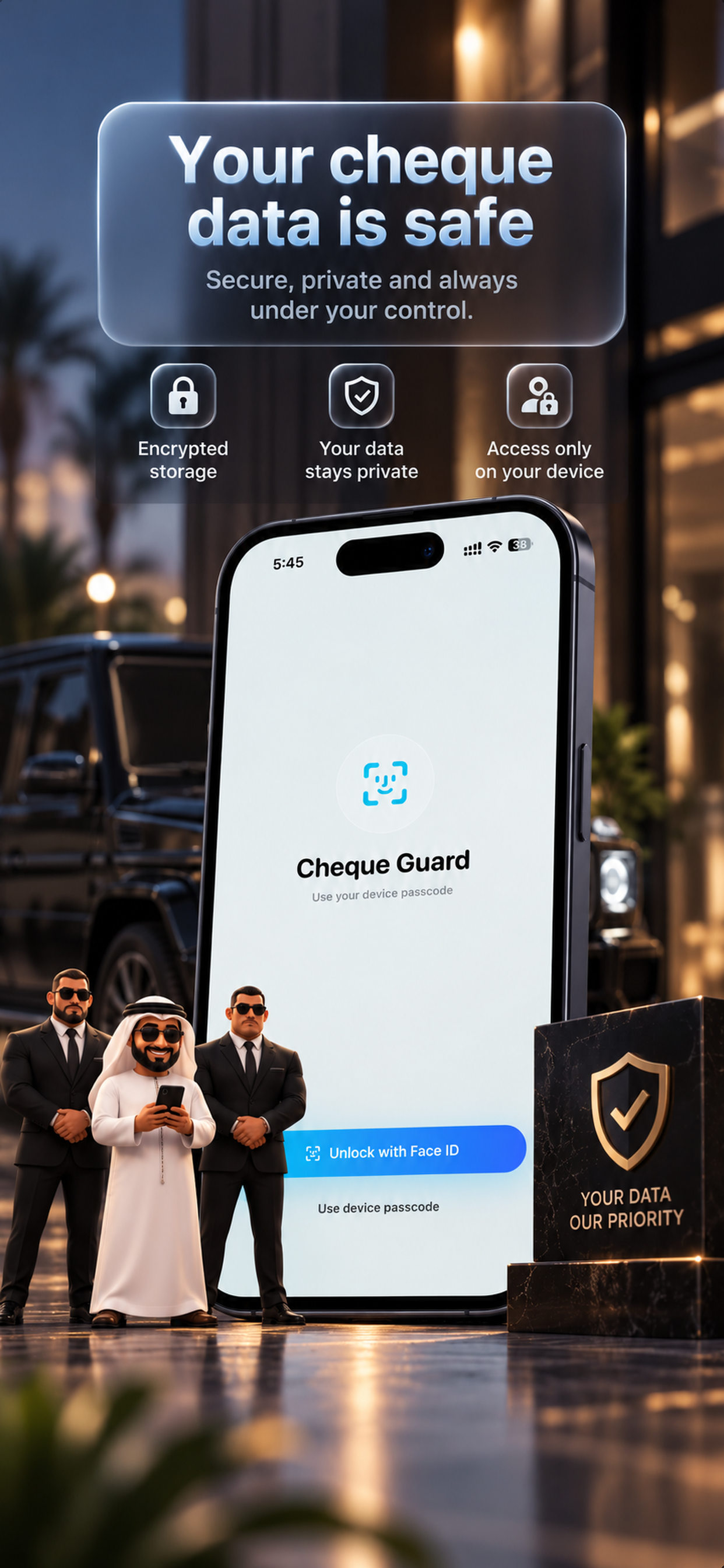 Cheque Guard App Store screenshot showing Face ID protection.
