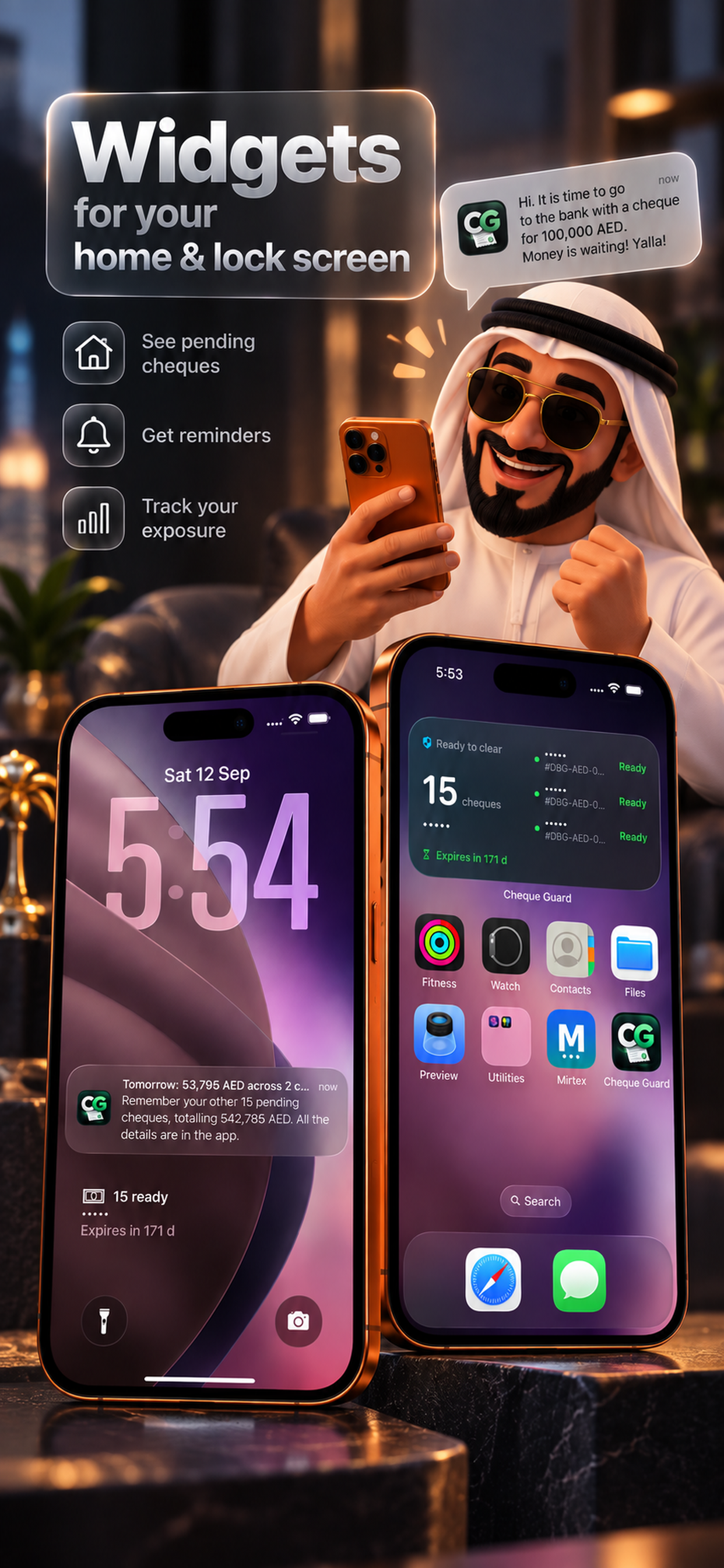 Cheque Guard App Store screenshot showing Home Screen widgets.